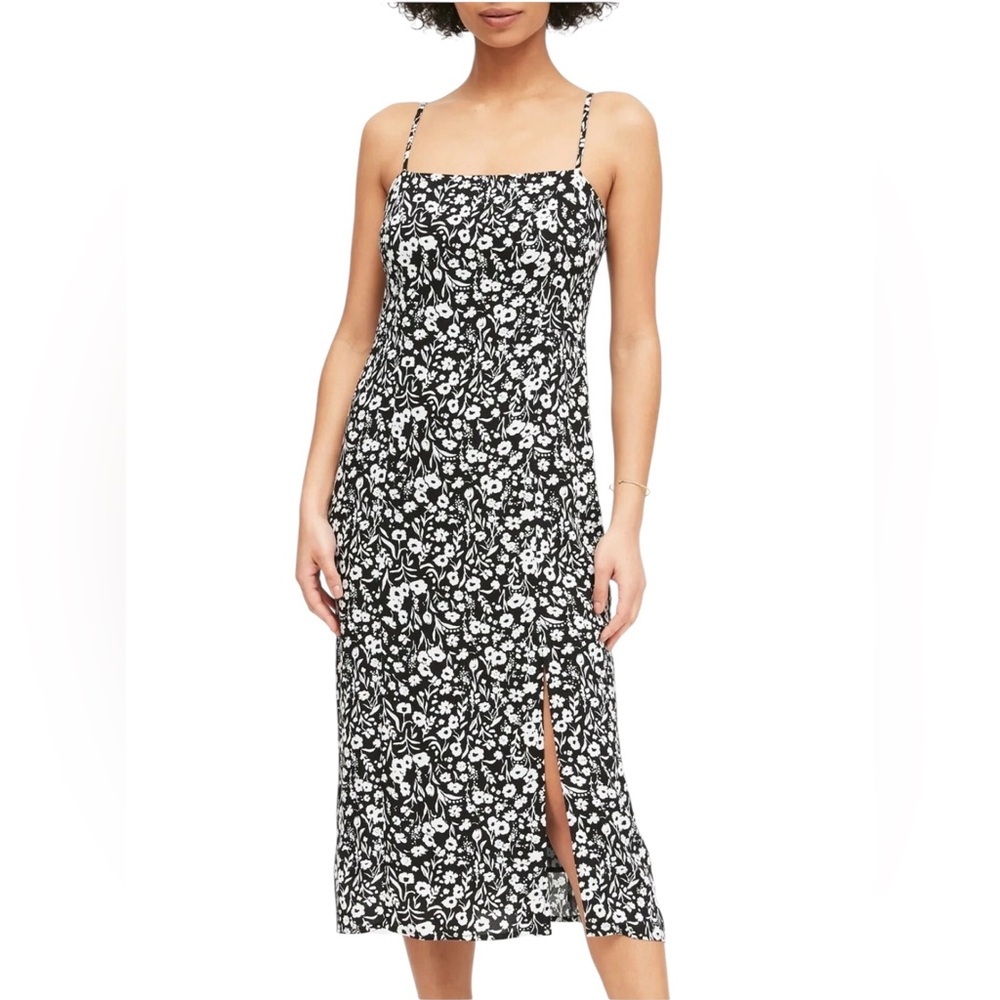 Banana Republic Rayon Black White Floral Spaghetti Strap Front Slit Dress Sz 10